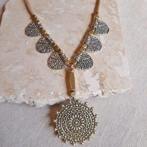Lucky Brand Gold & Silver Tone Stamped Sun Coin Medallion Necklace NWT
